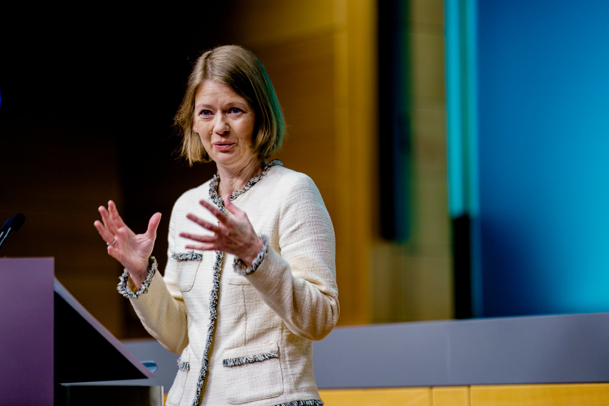 Oslo 20220324. 
Sentralbanksjef Ida Wolden Bache under pressekonferansen med rentebeslutning og presentasjon av Pengepolitisk rapport 1/22 i Norges Bank i Oslo.
Foto: Stian Lysberg Solum / NTB