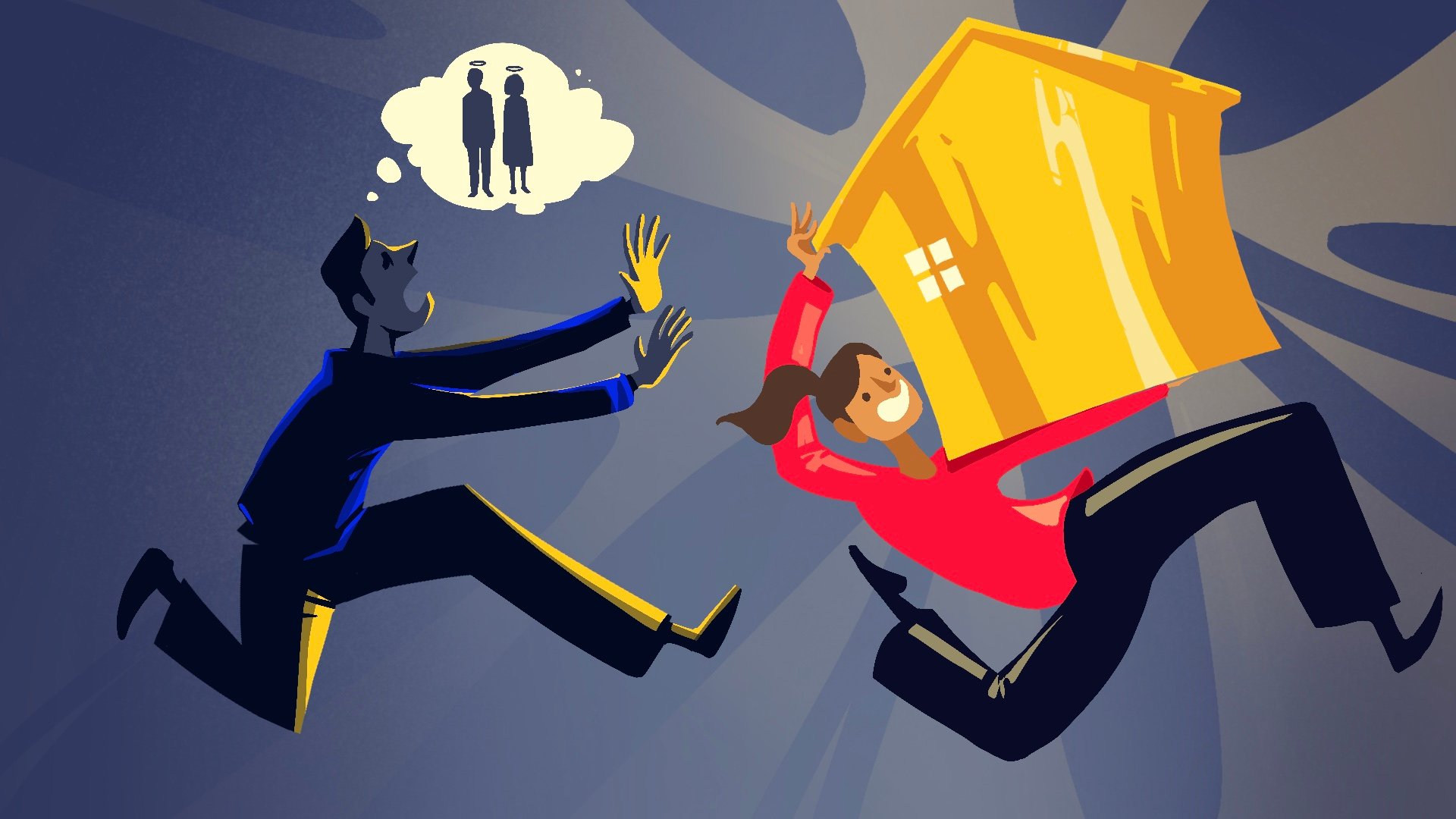 Illustrasjon av en mann som ser fortvilet ut og tenker på arven han fikk etter foreldrene sine, mens ekskona er strålende fornøyd med huset som lyser i gull – og symboliserer at alt deles likt på begge to. 