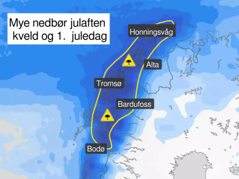 Farevarsel om mye regn i Nord-Norge julaften