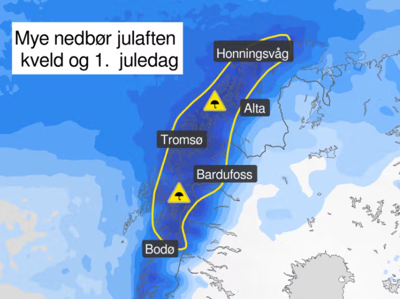 Sender ut gult farevarsel for julaften