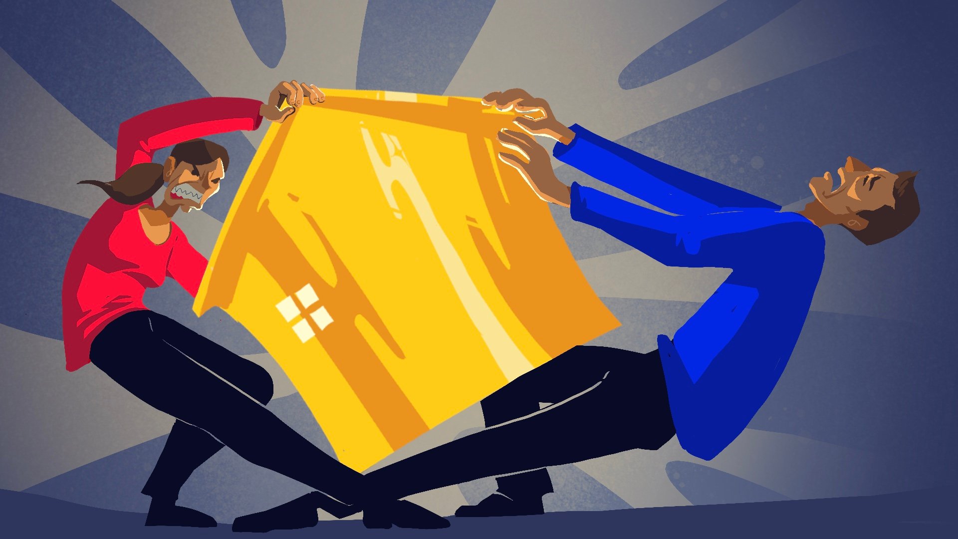 Bilde av et hus hvor to personer drar i det. 