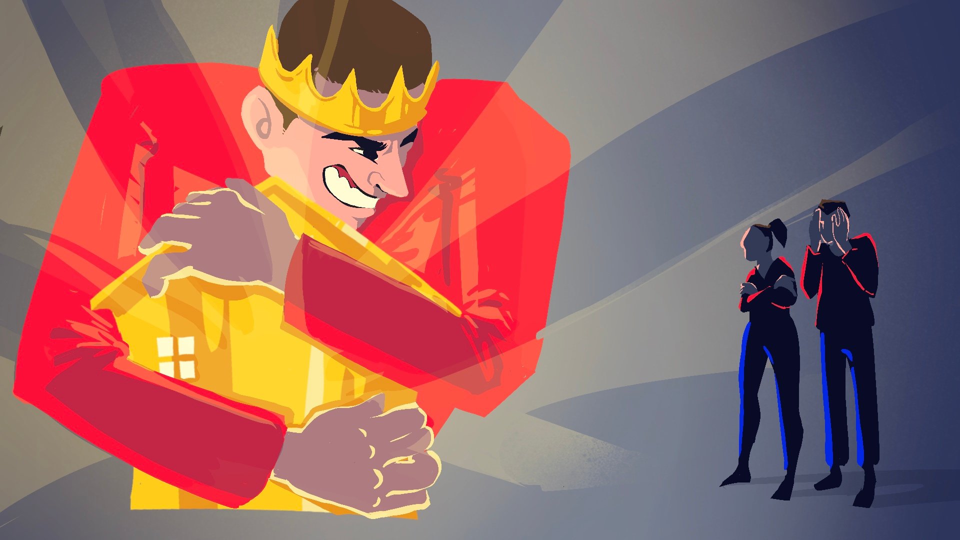 Illustrasjon av en person som holder rundt en hytte og to personer står lenger bort og er misfornøyde.