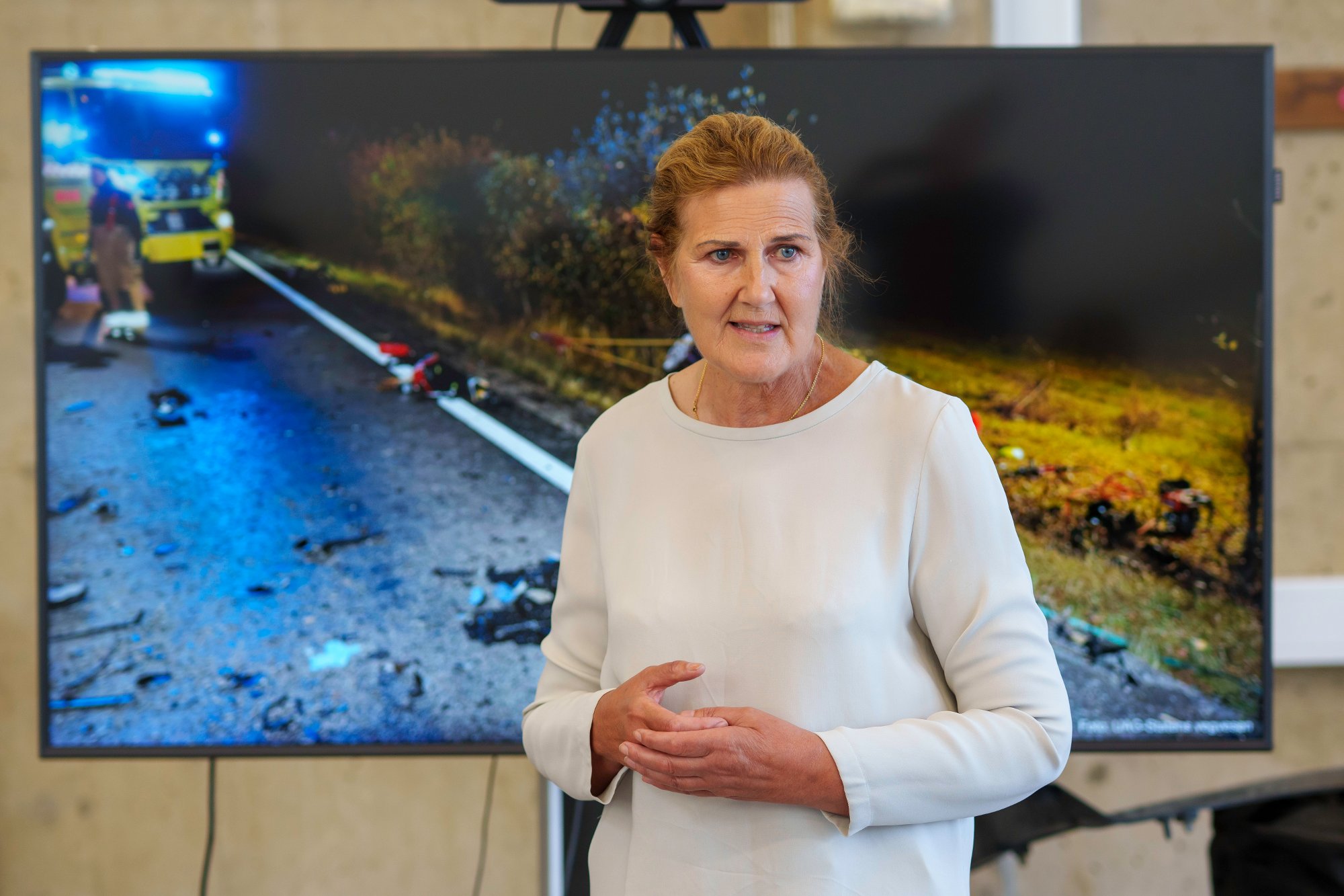 Oslo 20250903. 
vegdirektør Ingrid Dahl Hovland  under en presentasjon hvor Statens vegvesen deler flere funn, etter å ha undersøkt ulykkene som kostet 87 personer livet i fjor.
Foto: Cornelius Poppe / NTB