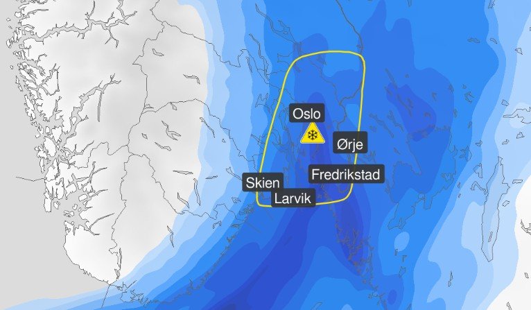 Gult farevarsel om snø på deler av Østlandet – opp mot 25 centimeter i løpet av kommende natt