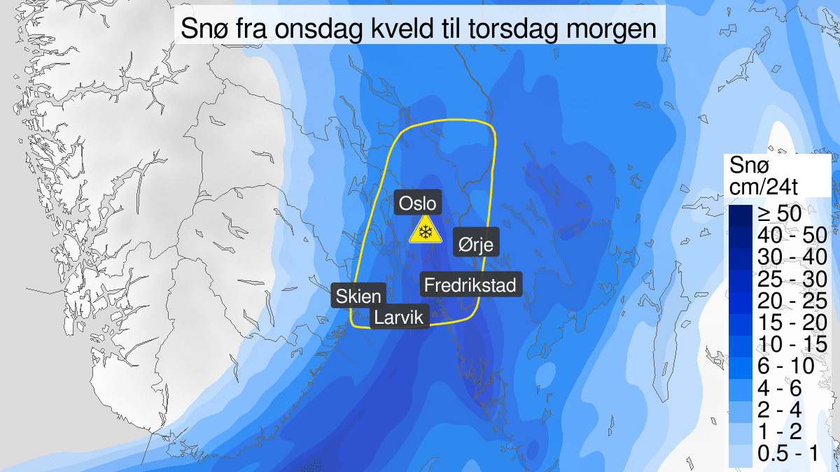 Gult farevarsel: Kan komme 25 cm snø på Østlandet